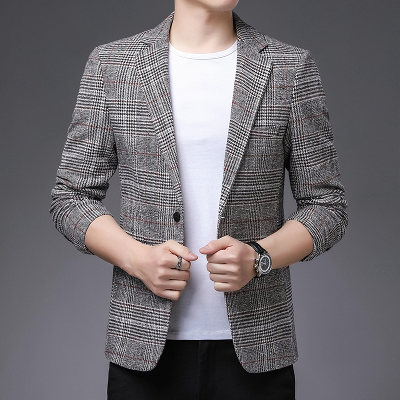 2021春季新款男士韩版格子商务修身帅气休闲小西装单件上衣外套男