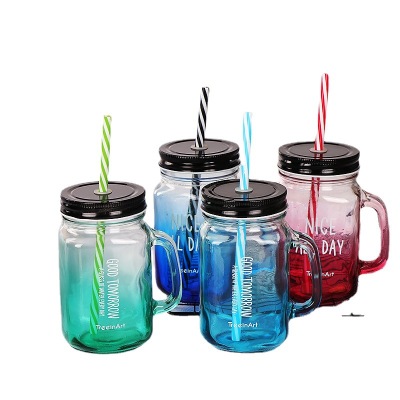 Color Glass Customized Milk Tea Handle Cup Handle Creative Cup Glass Mason Cup Gradient Straw Glass Cup