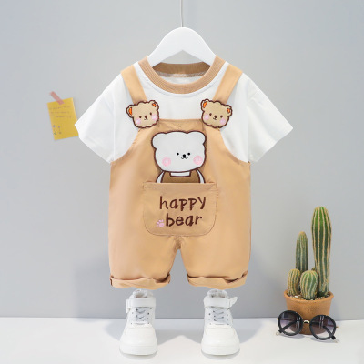 Baby Children's Suit Summer Short Sleeve Children's Clothing 2021 Summer Short Sleeve Suit Cute Suspender Pants Cartoon Pattern Cross-Border