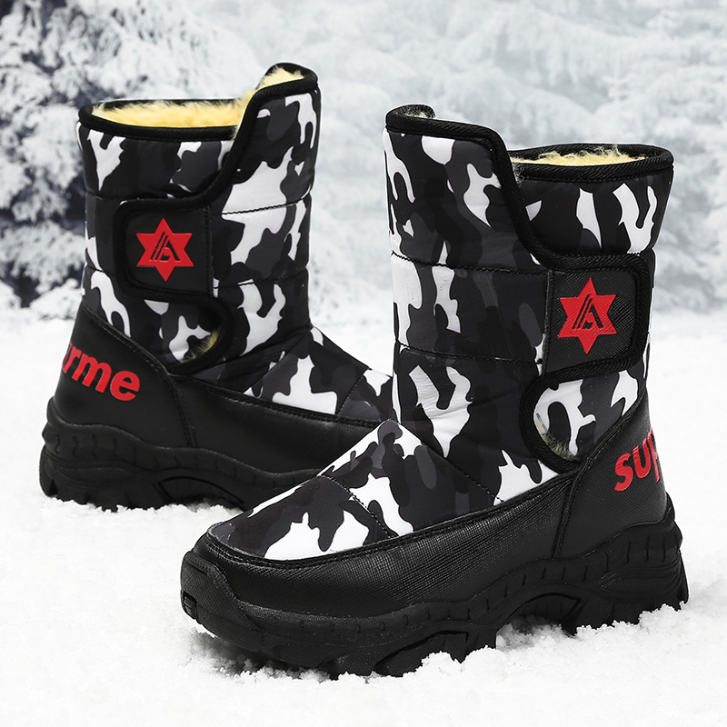跨境冬季高帮儿童棉鞋户外防水加绒保暖雪地靴迷彩黑防滑童鞋靴子