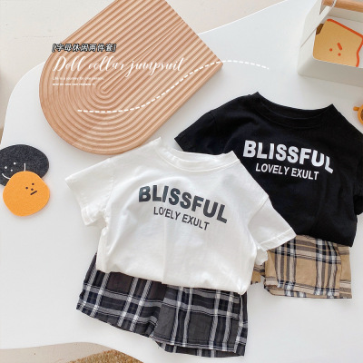 Children's Korean-Style Letter Set 2021 Summer Girls' Fashionable Short Sleeve T-shirt Boys' Plaid Shorts Two-Piece Set Ct022
