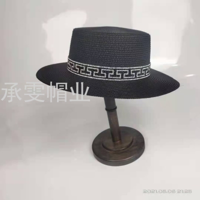 Rhinestone Flat Straw Hat M Standard Hat Female Beach Trip Hat Fashion Wide Brim Korean Style Versatile Sun Protection Sequined Straw Hat