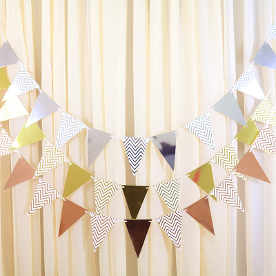 Gilding Triangle Hanging Flag Gold and Silver Color Wedding Ceremony and Wedding Room Decorations Arrangement Pennant Paper Birthday Party