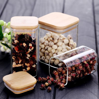 Customized Square Sealed Jar Large Capacity Glass Jar Kitchen Finishing Storage Jar Moisture-Proof Bamboo Cover Tea Jar