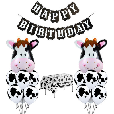 Cow Theme Birthday Party Suit Black and White Birthday Pulling Banner Cows Pattern Balloon Tablecloth