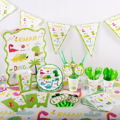 Green Dinosaur Children's Birthday Party Supplies Disposable Tableware Suit