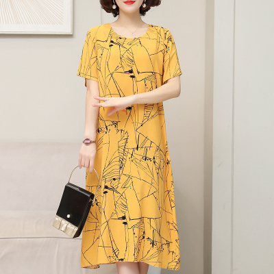  New Mom Summer Clothes Cotton Silk Loose Western Style Dress Middle-Aged Women's Fashionable Short-Sleeved Midi Dress