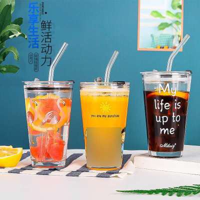 Internet Hot Hot Sale Graduated Glass Printing Cup with Straw Customized Gift Cup Glass Water Cup with Lid