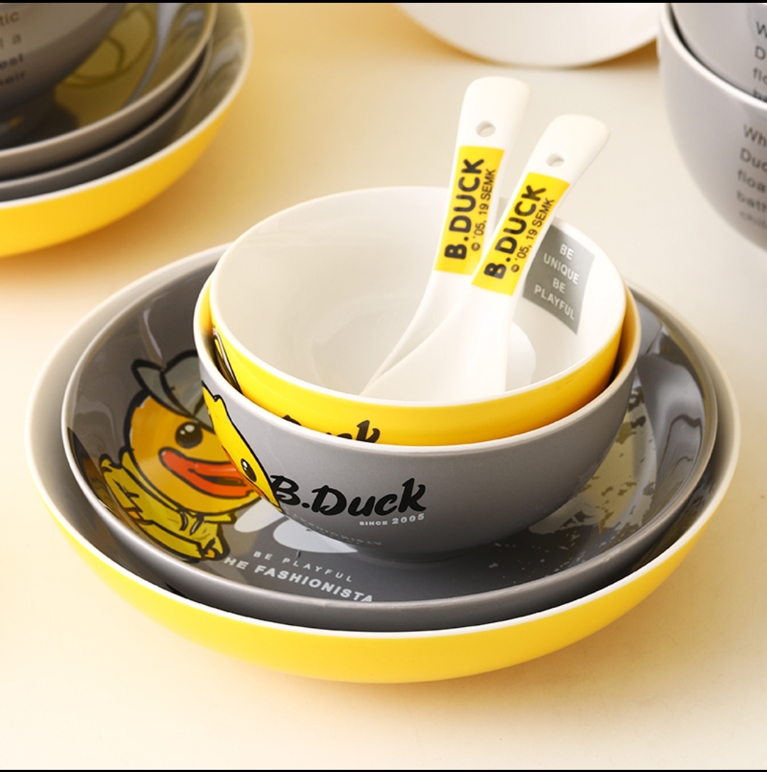 B.Duck小黄鸭碗盘家用潮流创意可爱甜品碗碟汤面碗散件陶瓷米饭碗