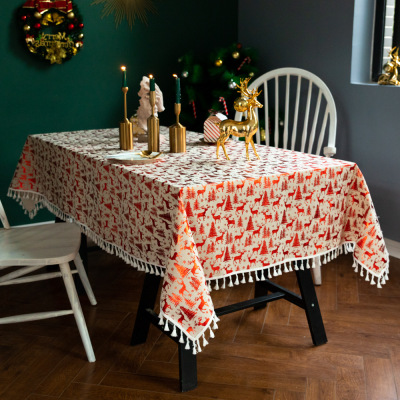 Christmas Tablecloth Bronzing Red Tassel Cotton Linen Tablecloth Holiday Atmosphere Decorative Tablecloth