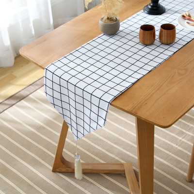 Simple Modern White Plaid Table Runner Cotton and Linen Small Fresh Tassel Strip Coffee Table TV Cabinet Decorative Cloth