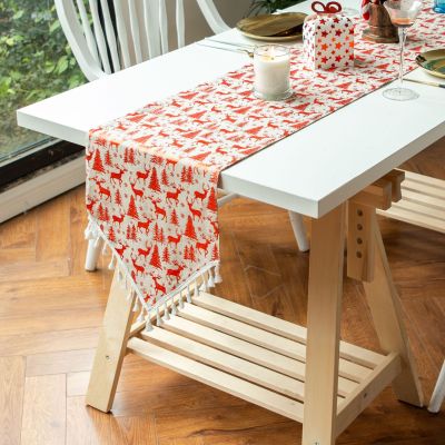 Christmas Festival Atmosphere Table Runner Cotton and Linen Bronzing Fabric Tassel Table Runner