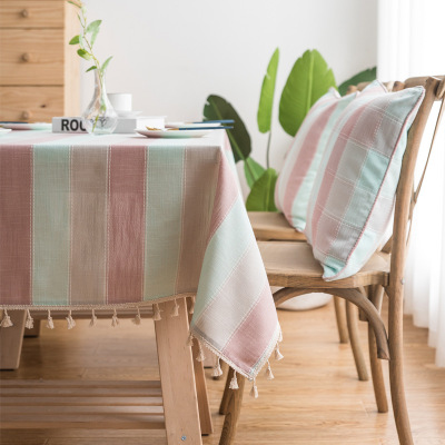 Pink Striped Tablecloth Cotton Linen Small Fresh Tablecloth Rectangular Coffee Table Cloth