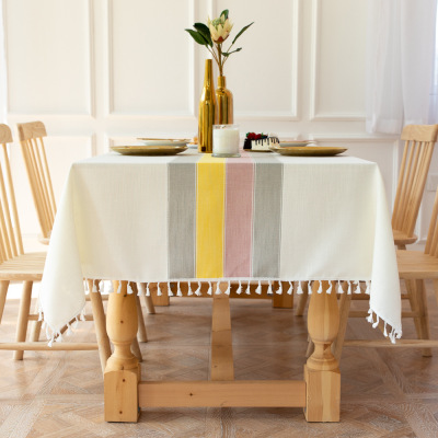 Modern Simple Stitching Tassel Cotton Linen Tablecloth Dustproof Decorative Tablecloth Tablecloth