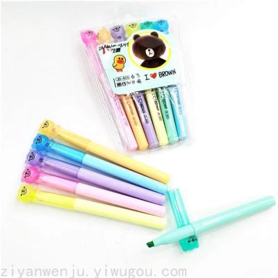 Bear Fluorescent Pen Little Bear Cartoon Marking Pen 6-Color Set Color Stroke Key Pen Student Wholesale Gift