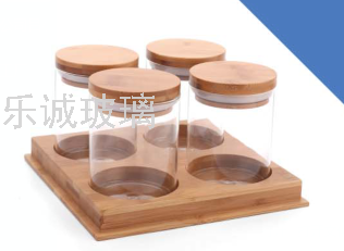 Bamboo Cover Sealed Tank Bamboo Tray Four-Piece High Borosilicate Glass Temperature-Resistant Explosion-Proof Storage Tank