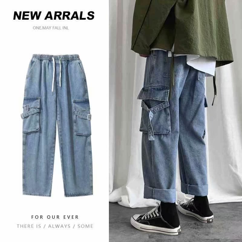 秋季工装牛仔裤男士宽松直筒9分裤子港风帅气复古潮流阔腿裤