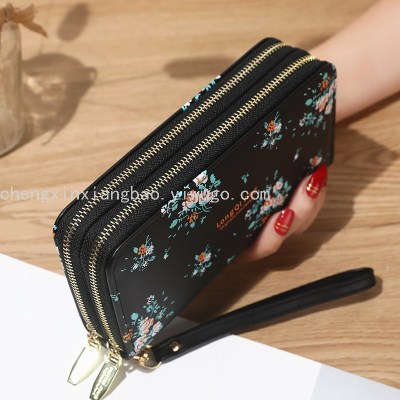 Long Wild Double Zipper Korean Style Student Flower LargeCapacity Wallet Women's Mobile Phone Bag Clutch Soft Coin Purse