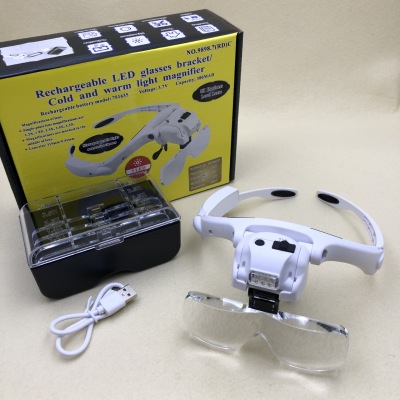 USB Charging Head Glasses Type Cold and Warm Light LED Light Reading Repair Gift Magnifying Glass 9898.7(RD)C