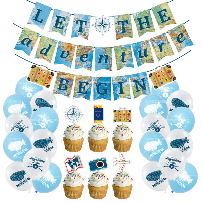 Retirement Travel Theme Decoration Set Travel Map Hanging Flag Banner Cake Inserting Card Airplane Balloon Retirement Party