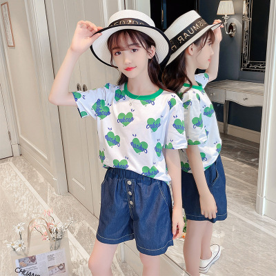 Girls' Short-Sleeved Suit Children's Clothing Middle and Big Children's Summer New Fashionable Stylish Korean Casual Loose Internet Hot Two-Piece Set