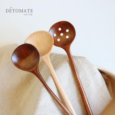 Factory Direct Supply Wooden Korean Style Sauce Soup Spoon Long Handle round Mouth Anti-Scald Stirring Spoon Seasoning Sauce Spoon