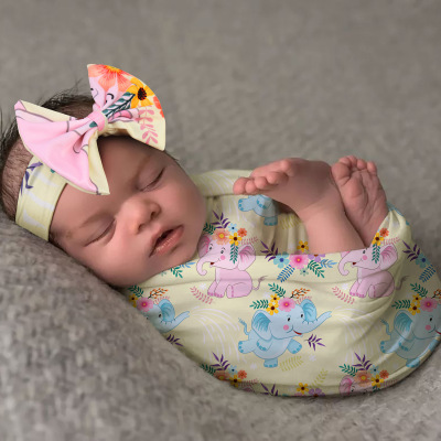 European and American Baby Receiving Blanket Newborn Bow Hair Band Gro-Bag Set Cartoon Printed Wrap Blanket Photo Props