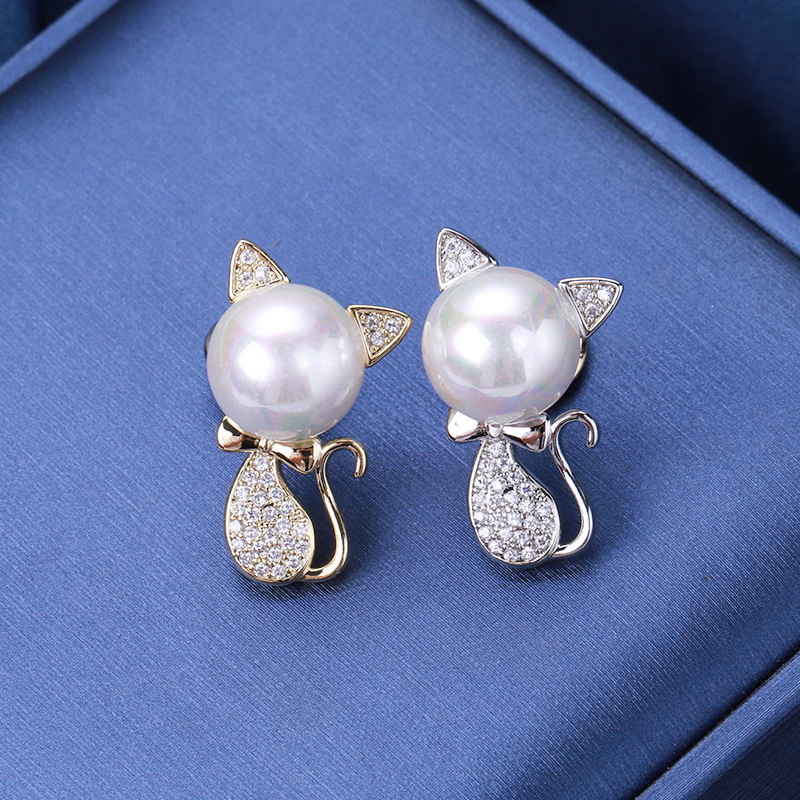 日韩微镶锆石可爱小猫咪领针 卡通珍珠动物胸针时尚防走光小别针