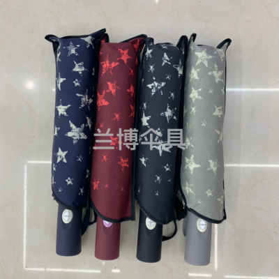 Three-Fold Full-Automatic Thermal Transfer Printing Five-Pointed Star Pattern Umbrella Girl Umbrella Folding Umbrella
