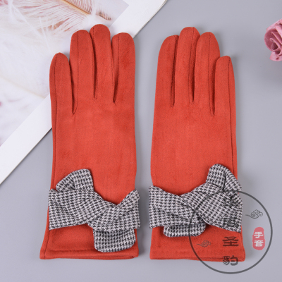 Winter Warm Fleece-Lined Women's Gloves Student Korean Style Cute Bow Outdoor Touch Screen Cycling Driving Gloves