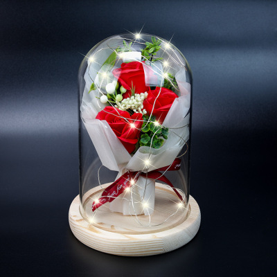 Cross-Border Amazon Rose Soap Bouquet Teacher's Day Valentine's Day Gift Preserved Fresh Flower Glass Cover LED Light Gift Box