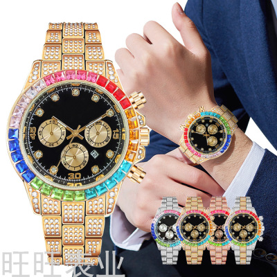 New Luxury Diamond Men's Watch Three-Eye Square Diamond Calendar Hip Hop Watch Colorful Crystals Men's Watch