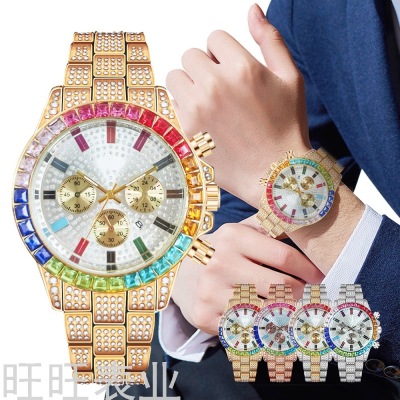 New Arrival Hot Sale Luxury Men's Watch Color Diamond Three-Eye Scale Calendar Hip Hop Men's Wrist Watch Factoryreloj