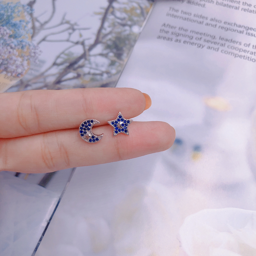 s925银耳钉女韩版气质不对称款蓝色微镶恒星月亮甜美耳环