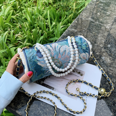 Ethnic Style Bags Female 2021 Summer Little Fresh Girl Chanel-Style Pearl Hand Crossbody Shoulder round Bag