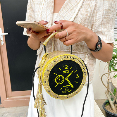 Eccentric Personality Small Bag 2021 Korean Style Fashion Tassel Vintage Clock Shape Portable Crossbody Small round Shoulder Bag