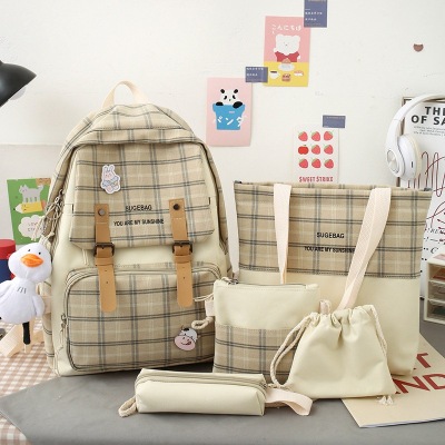 Schoolbag Female Student Korean Style Checked Cloth Large Capacity Four-Piece Set Primary School Student Grade 3-6 Junior School Backpack Female