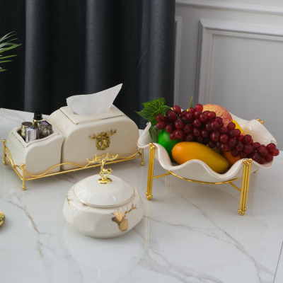 European Style Home Decoration Fruit Plate Paper Box Ashtray Tea Table Set Creative Gold Elk Glaze Decals Ceramic Ornaments