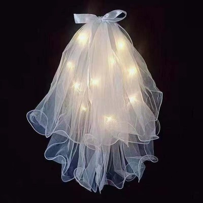 Internet Celebrity Luminous Veil Fairy Ribbon Bow with Beads Double Layer Veil 60cm Led with Light Factory Wholesale