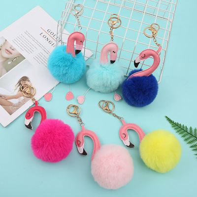 Korean Ins Flamingo Color DIY Keychain Girlish Bag Key Ornament Fur Ball Gift Cross-Border