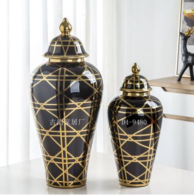 Factory DirectSales Ceramic CraftsLight LuxuryDecoration Handmade Electroplating Golden Edge Grid High Temperature Vase 