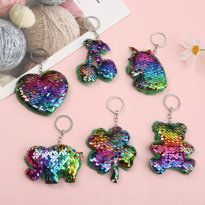 Seven-Color Sequins Love Reflective Glossy Stitching Plush Key Chain Pendant Bag Hanging Decoration Factory Direct Supply Cross-Border