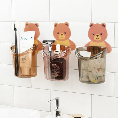 Punch-Free Wall-Mounted Bear Toothbrush Cup Holder Cartoon Toothbrush Cup No Trace Stickers Washing Cup Toothpaste Tooth Brushing Utensil Tooth Cup