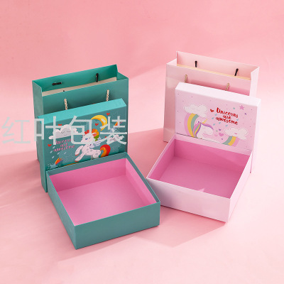 In Stock Wholesale Baby Gift Box for One Month Old Packing Box Handbag Unicorn Green Pink