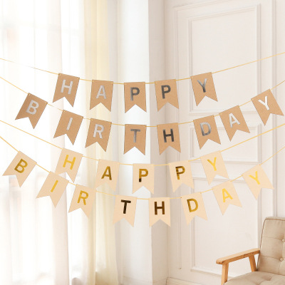 Kraft Paper Bronzing and Silver Plating Letters Fishtail Hanging Flag Happy Birthday Banner Party Latte Art Hanging Flag Decoration Supplies