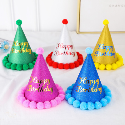 Factory Wholesale New Gold Leaf Birthday Fluffy Ball Cap Children Adult Birthday Dress up Pompons Party Birthday Hat