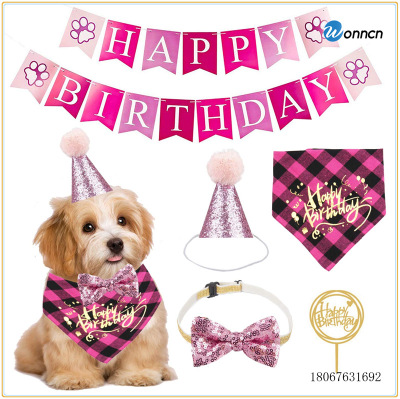 Pet Birthday Hanging Hanging Flag Pink Dog Footprints Triangular Baby Bibs Sequined Bow Tie Birthday Hat Cake Inserting Card