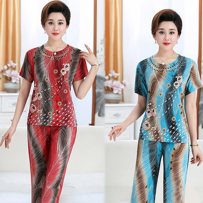 妈妈夏装短袖T恤衫冰丝印花中老年女装两件套时尚套装