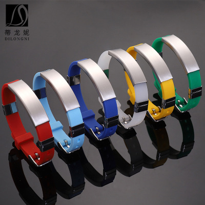 Can Carve Writing Customized Silicone Stainless Steel Bracelet Couple Jewelry Korean Fashion Men's and Women's Bracelet Birthday Gift