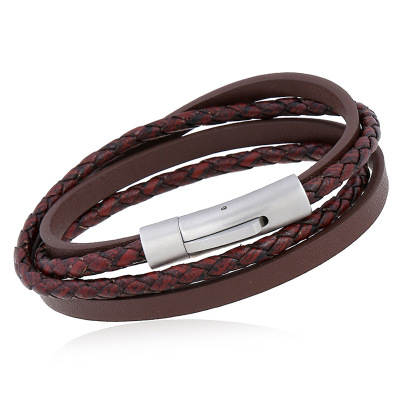 Cross-Border Hot Selling Simple Vintage Weave Stainless Steel Magnetic Snap PU Leather Bracelet 2 Ring Multi-Layer Student Jewelry Carrying Strap